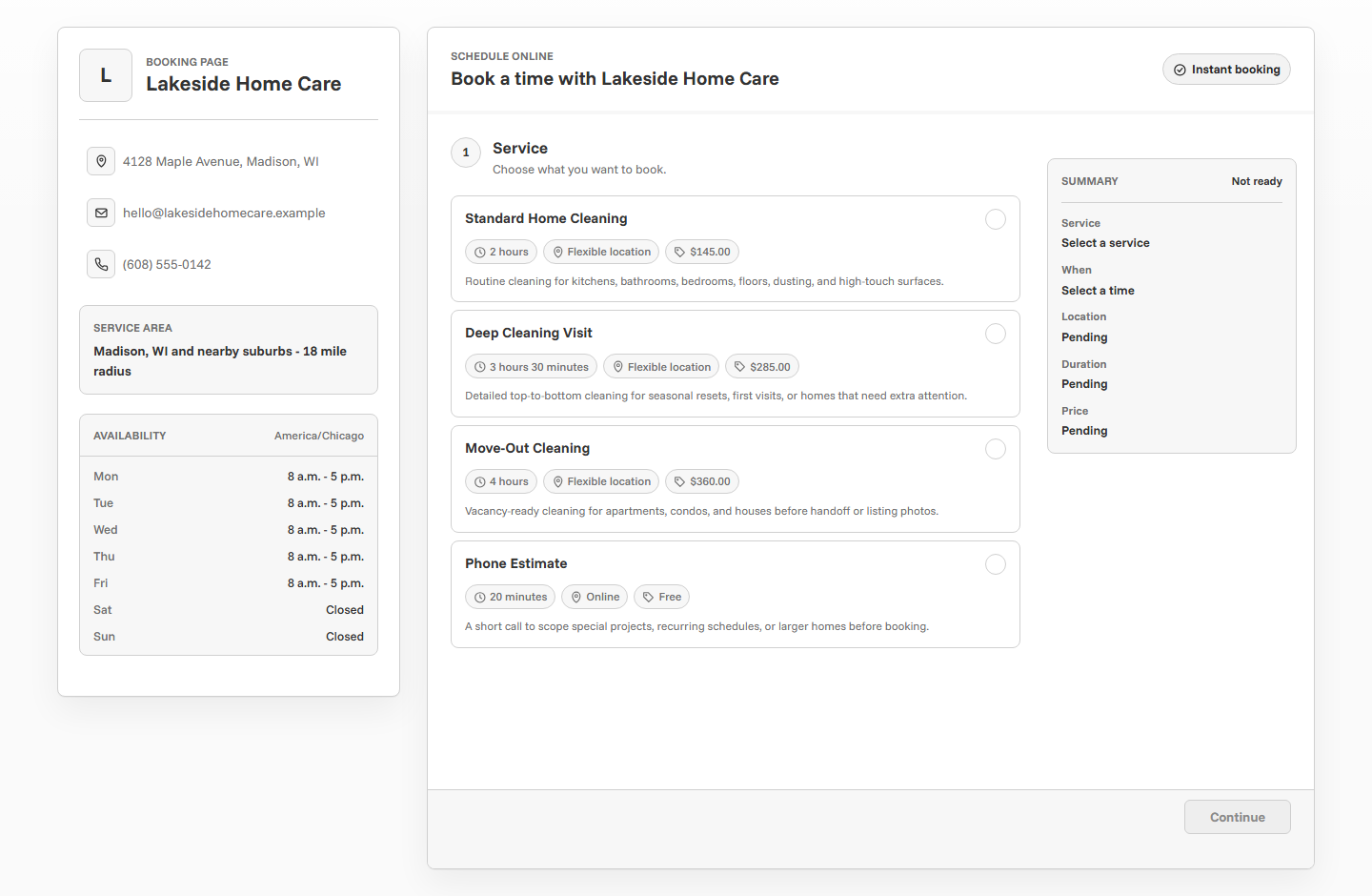 Public booking page with service cards, business details, availability, and summary panel
