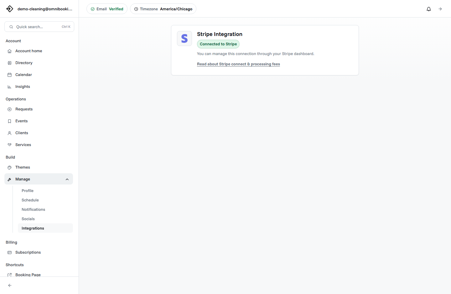Stripe integration panel showing a connected Stripe account