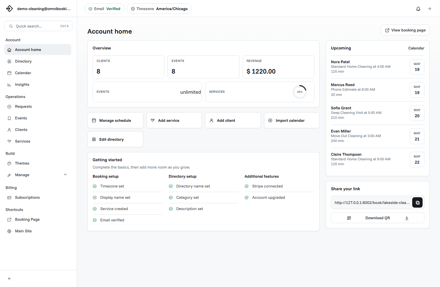 Dashboard overview with booking metrics, setup checklist, and upcoming appointments