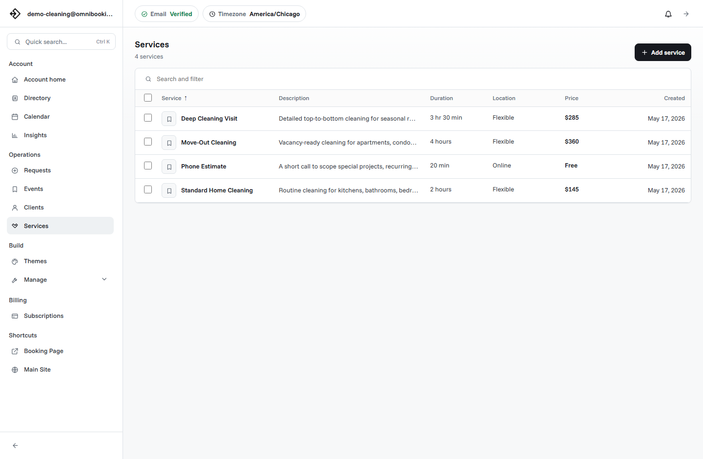 Services dashboard showing names, descriptions, durations, locations, and prices