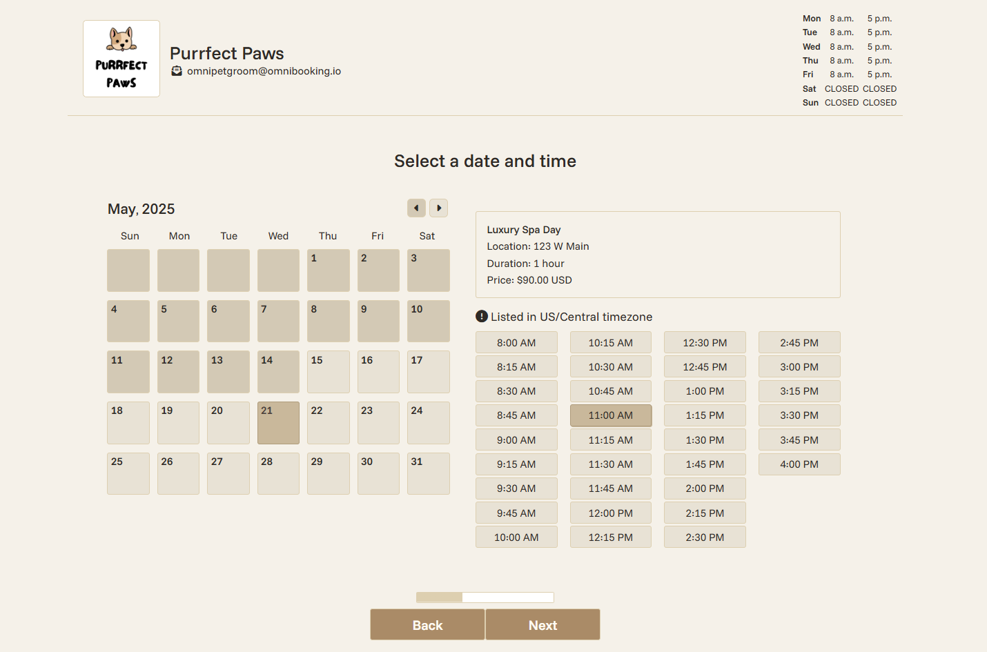 Grooming booking step 2: Available date and time selection