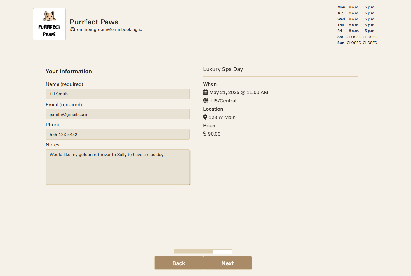 Grooming booking step 3: Information input