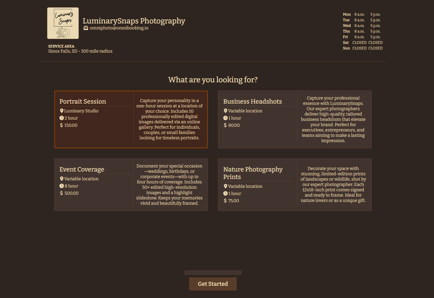 Photography booking step 1: Service selection