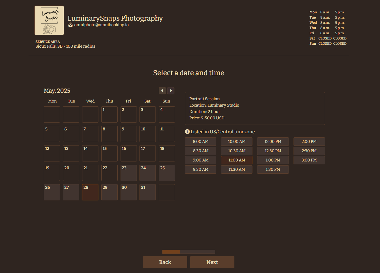 Photography booking step 2: Available date and time selection