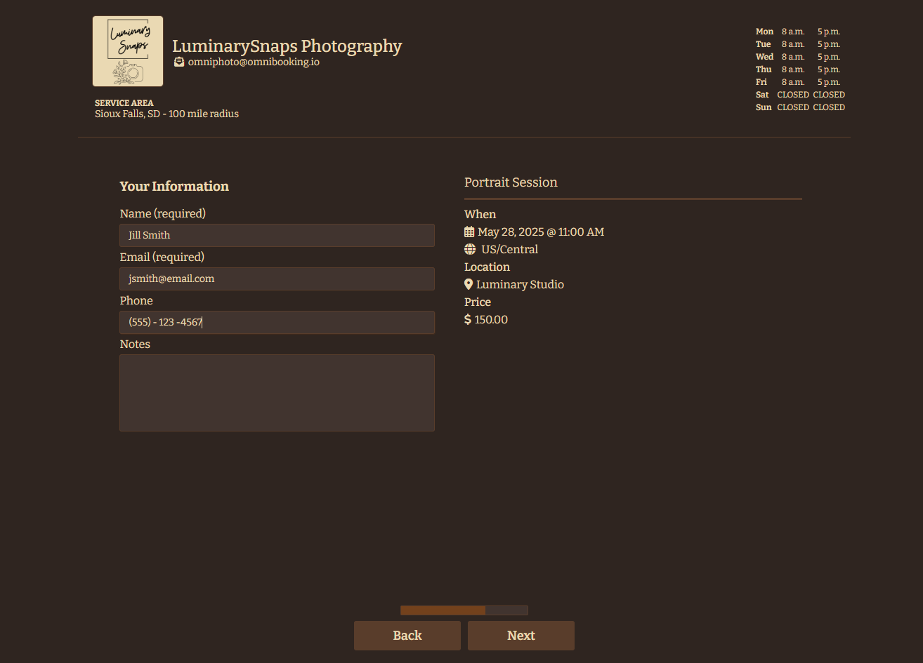 Photography booking step 3: Information input