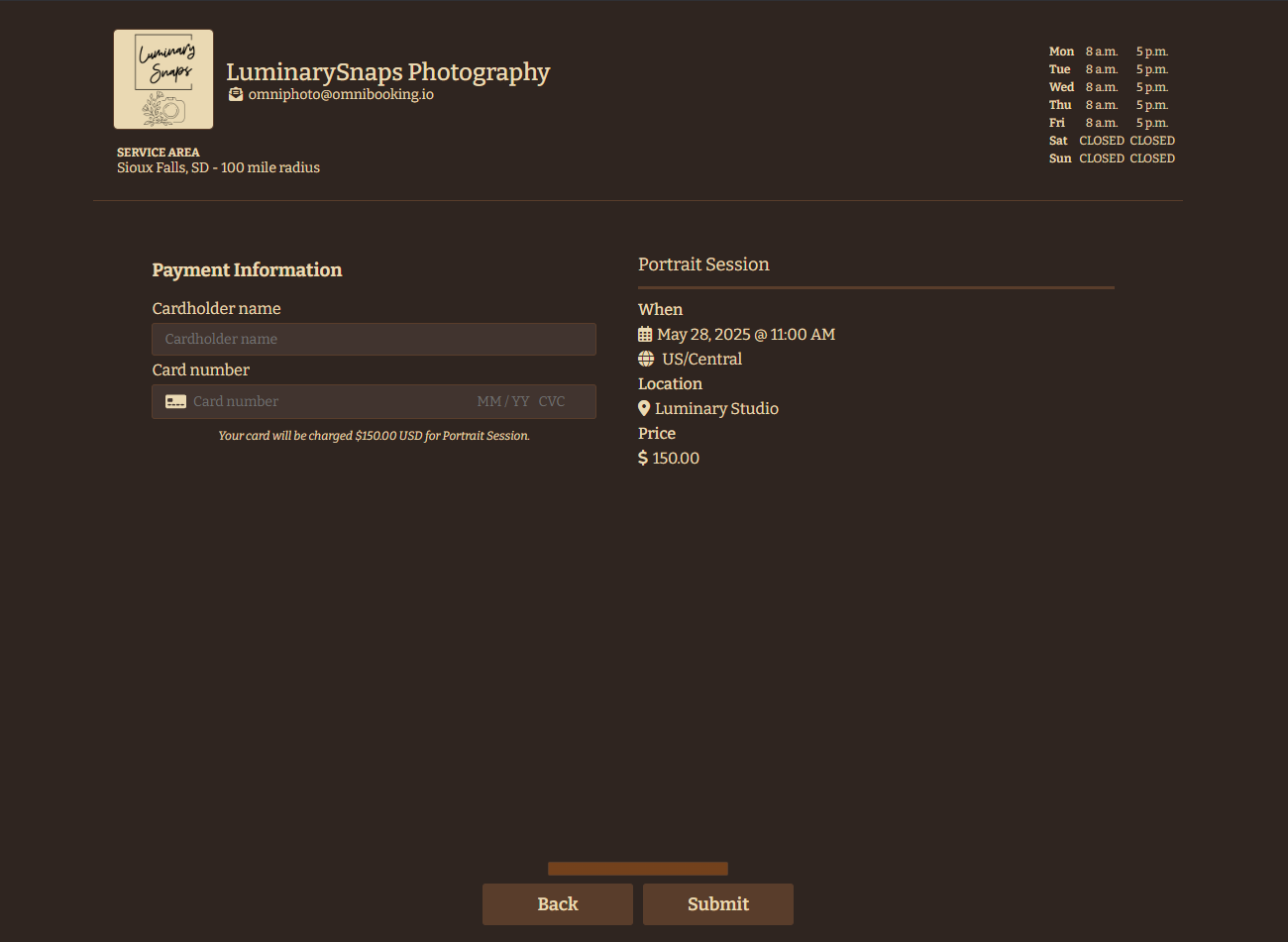 Photography booking step 4: Payment/paywall