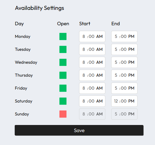 Availability settings page