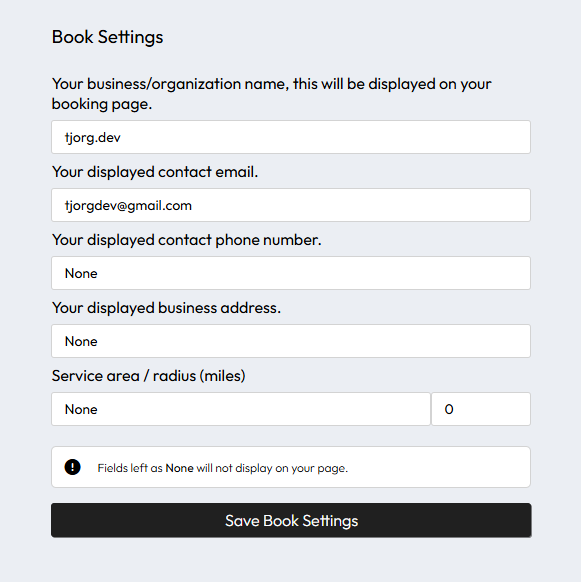 Booking settings page